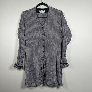 Flax Petite 100% Linen Black White Stripe Long‎ Sleeve Button Up Tunic Blouse